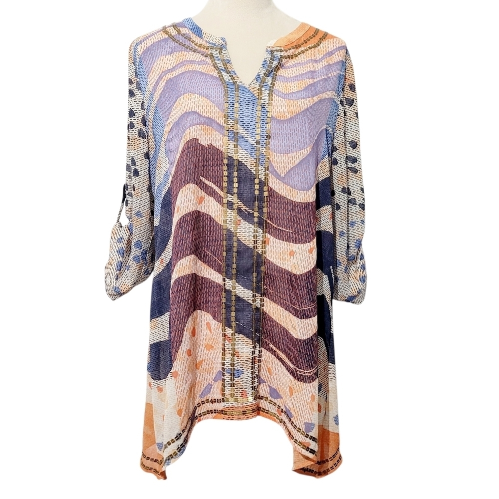 Chico’s Women’s Tunic Top Size Medium Sheer Abstract Print Roll Tab Sleeves - Picture 2 of 11